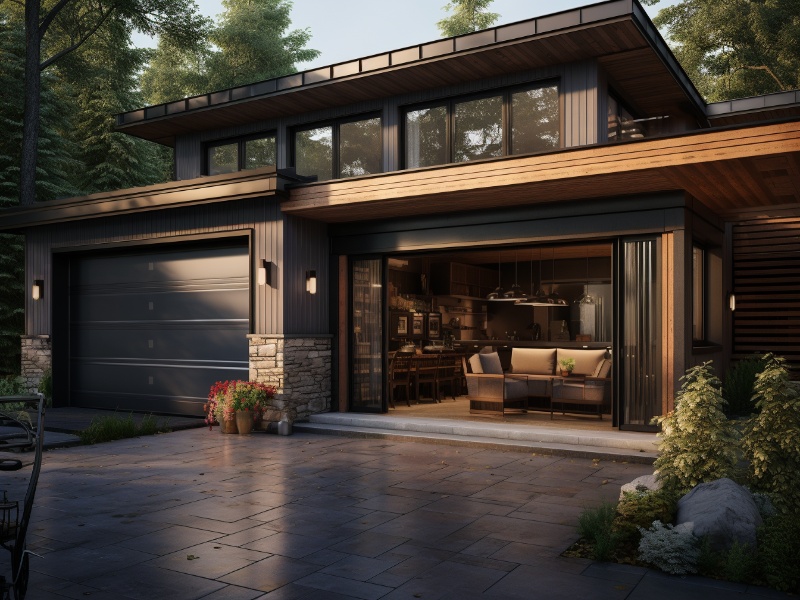 Contemporary home with a glass garage door for patio, offering versatility and a space-saving design for outdoor entertainment.
