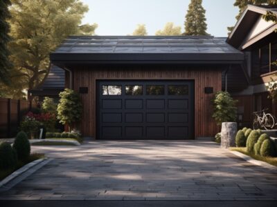 A black 9x7 garage door with windows, insulated with an acceptable R-value, maximizing efficiency.