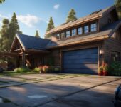 A rustic wooden home with a wide, modern two-car garage door, surrounded by a well-kept driveway, plants, and trees under a clear sky.