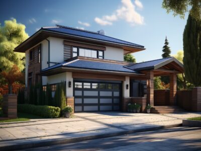 Modern home featuring a garage door with stylish glass windows, enhancing curb appeal.