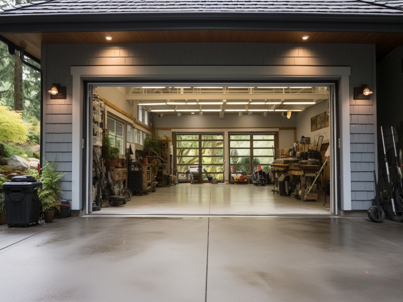 Bright and airy garage interior illuminated by natural light through a transparent door.