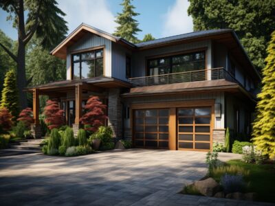 Modern home with garage door featuring clear glass inserts, enhancing curb appeal and brightness.