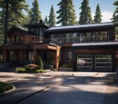 Modern home featuring a glass roll up garage door, enhancing curb appeal.