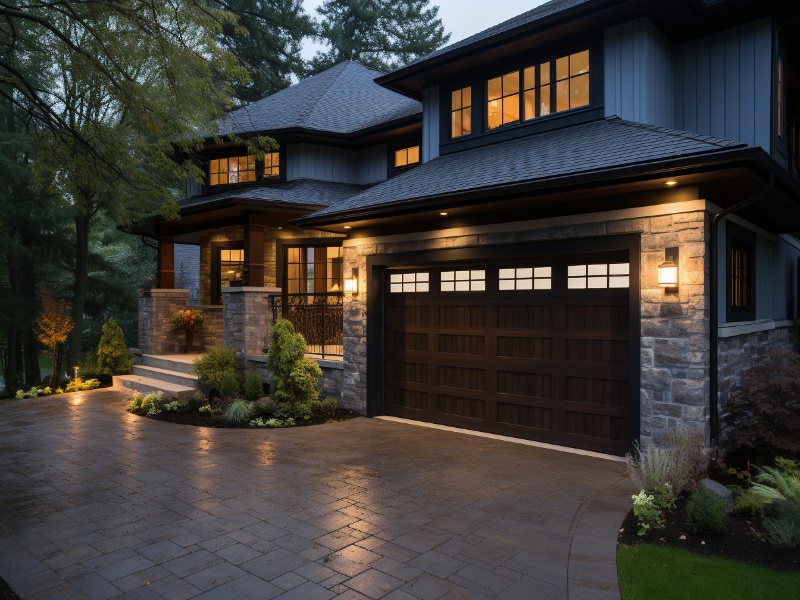 A wood garage door with windows, with a functional safety beam.