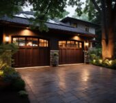 Beautiful two-car garage with dark wooden doors, illustrating standard garage door sizes and styles available for various home designs.