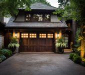 Wood garage door with windows, after being fixed by Dreifuss Fireplaces and Garage Doors, the top Main Line PA garage door repair service.