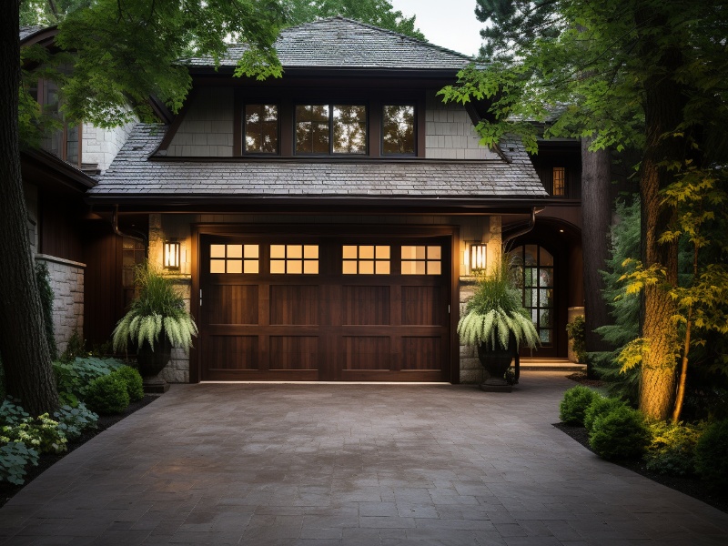 Wood garage door with windows, after being fixed by Dreifuss Fireplaces and Garage Doors, the top Main Line PA garage door repair service.