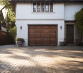 A wooden single garage door, showcasing the standard width on a simple, lovely home.