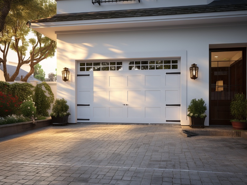 Secure and beautifully designed garage door with double pane window panels.