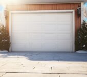 White roll-up garage door on a snowy driveway, framed by evergreens, illustrating the style and potential cost of roll-up garage doors.