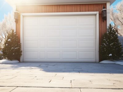 White roll-up garage door on a snowy driveway, framed by evergreens, illustrating the style and potential cost of roll-up garage doors.