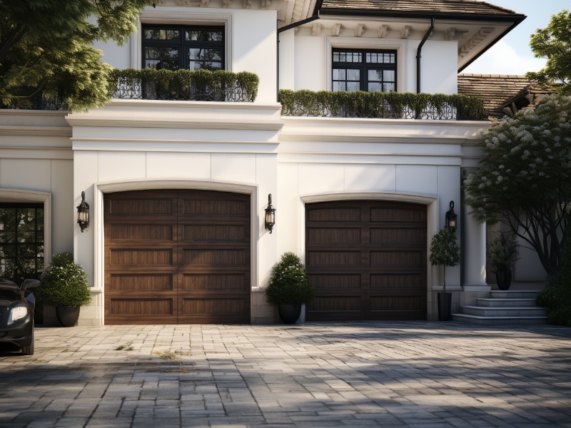 Elegant wood double garage door enhancing property curb appeal.