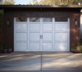 A single white paneled garage door with decorative windows, set against a brown wooden exterior, with potted plants and a smooth concrete driveway in front.