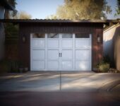 A new white garage door put in DIY by a homeowner who learned how to frame garage doors on rough opening.