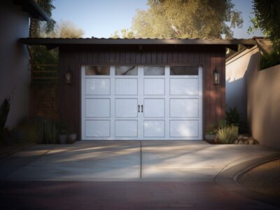 A new white garage door put in DIY by a homeowner who learned how to frame garage doors on rough opening.