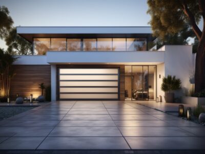 Photo of a modern home featuring all glass garage doors, enhancing curb appeal with their sleek design.