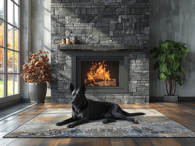 A dog lying on a rug in front of glowing embers in a fireplace, with a fireplace surround.