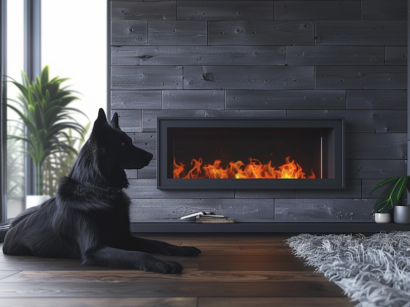 Dog lying in front of a modern electric fireplace with a cozy flame effect.