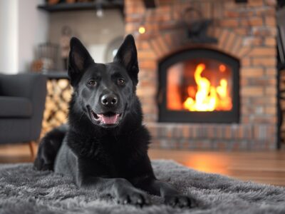 Dog lying in front of a high-quality fireplace his owners avoided buying from a big box store.