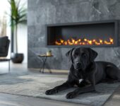 Black Labrador resting in front of a Netzero electric fireplace, highlighting its design advantages.