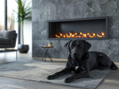 Black Labrador resting in front of a Netzero electric fireplace, highlighting its design advantages.