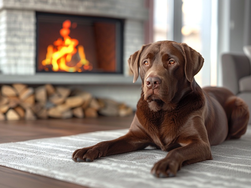 Chocolate Labrador lying in front of a lit fireplace, highlighting the factors for choosing the best fireplace, answering the question what information do you need to suggest the best fireplace for me?