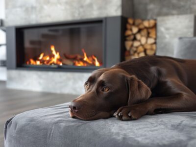 A cozy living room with a chocolate Labrador resting on a soft gray surface in front of a modern gas fireplace. The fireplace features vibrant flames and a stack of neatly arranged firewood in the background, adding warmth and charm to the space. This shows the importance of Decoding Fuel Type Stickers On Fireplace Data Plates And UL Listings.