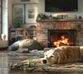 Cozy living room with a dog resting by the fireplace, highlighting the need for a fireplace tune-up.