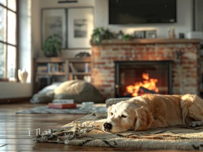 Cozy living room with a dog resting by the fireplace, highlighting the need for a fireplace tune-up.