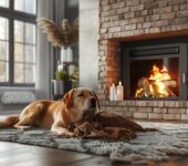 Cozy living room with a gas fireplace and a dog, highlighting the importance of perfect installation timing during renovations.