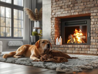 Cozy living room with a gas fireplace and a dog, highlighting the importance of perfect installation timing during renovations.