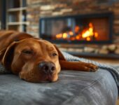 Relaxed dog lying in front of a glowing indoor gas fireplace, highlighting its realistic appeal.