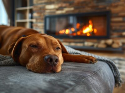 Relaxed dog lying in front of a glowing indoor gas fireplace, highlighting its realistic appeal.