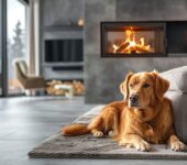 Dog laying in front of fireplace as we break down the best ways to choose Natural Gas or Propane for Gas Fireplaces.
