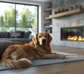 A cozy living room featuring a golden retriever resting on a rug in front of a modern, built-in fireplace with a glass front, large windows showcasing a lush outdoor view, and minimalist decor.