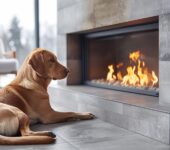 A dog in front of a fireplace, safe from harmful emissions.