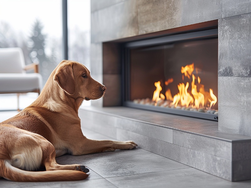 A dog in front of a fireplace, safe from harmful emissions.