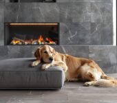 A dog lying in front of a beautiful modern fireplace classified as an appliance in Pennsylvania.