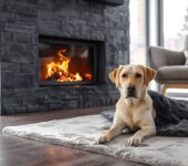 Dog lying on a run in front of a fireplace. The fireplace faceplate has been easily removed then replaced for cleaning purposes.