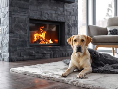 Dog lying on a run in front of a fireplace. The fireplace faceplate has been easily removed then replaced for cleaning purposes.