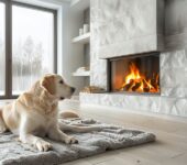 Labrador retriever resting by a glowing LPG-powered fireplace, showcasing the benefits of this heating method.