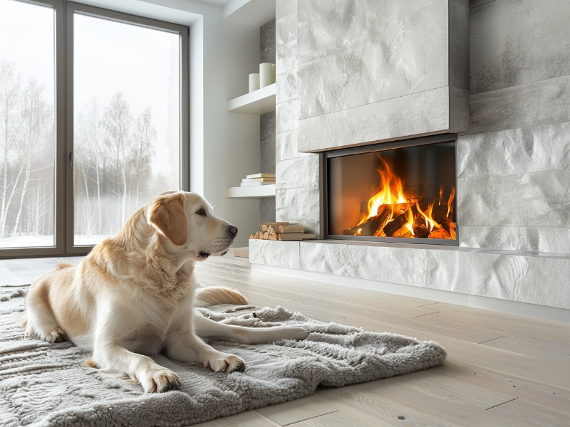 Labrador retriever resting by a glowing LPG-powered fireplace, showcasing the benefits of this heating method.