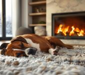 A relaxed dog peacefully sleeping on a soft, textured rug in front of a cozy gas fireplace. The warm flames flicker in the background, set within a modern fireplace design surrounded by marble and built-in shelving. The scene exudes comfort and tranquility, with natural light streaming through nearby windows. Gas Log Set Safety and Installation