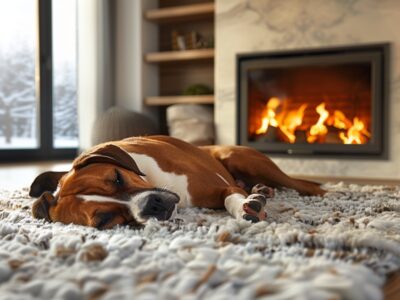 A relaxed dog peacefully sleeping on a soft, textured rug in front of a cozy gas fireplace. The warm flames flicker in the background, set within a modern fireplace design surrounded by marble and built-in shelving. The scene exudes comfort and tranquility, with natural light streaming through nearby windows. Gas Log Set Safety and Installation