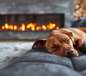 A relaxed dog sleeping on a couch near a sleek, linear gas fireplace, illustrating the modern appeal and warmth these fireplaces bring to contemporary homes.