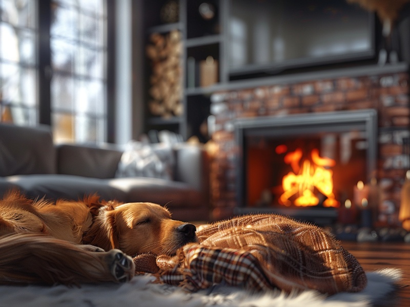 A dog dozing off next to a cozy blanket and a crackling fireplace.