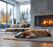 Image of a sleek wall-mounted electric fireplace in a modern living room, with a dog lying on a cozy rug.