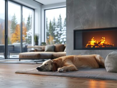 Image of a sleek wall-mounted electric fireplace in a modern living room, with a dog lying on a cozy rug.