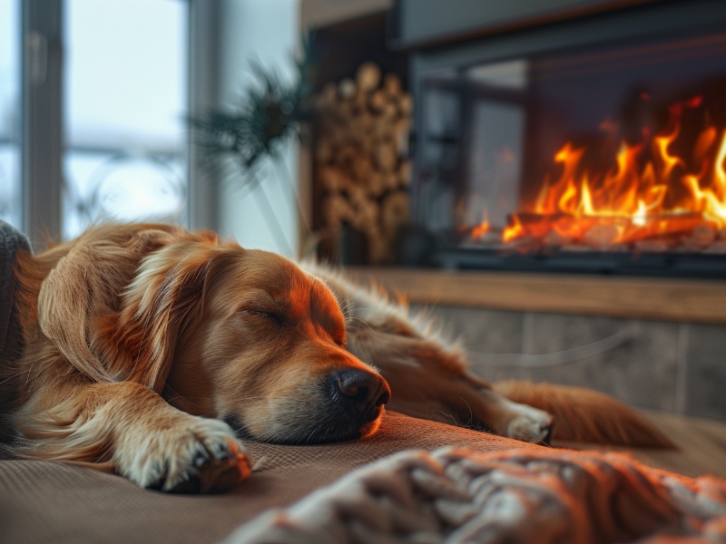 Dog lying in front of a warm, cozy fireplace with a fireplace damper, saving money oh heating bills.