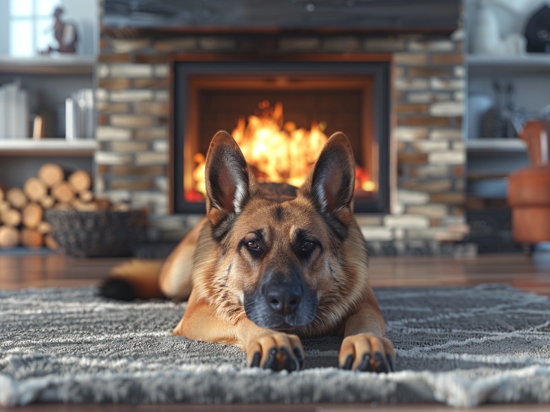 Vented Gas Log Set with German Shepard laying in front of stone fireplace.